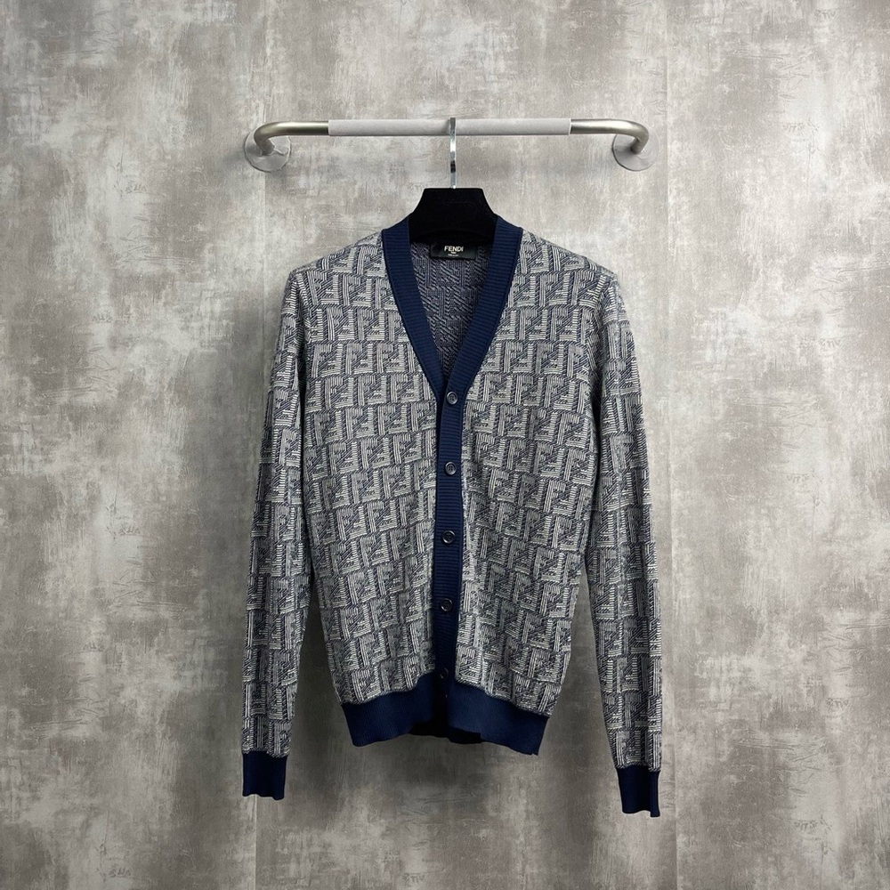 Authentic Fendi Gray and Blue Logo Cardigan Sweater